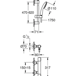 Grohe Ensemble de douche avec mitigeur thermostatique, pommeau 1 jet, barre 60cm et flexible - 34800001 - Economie d'eau - Chrom