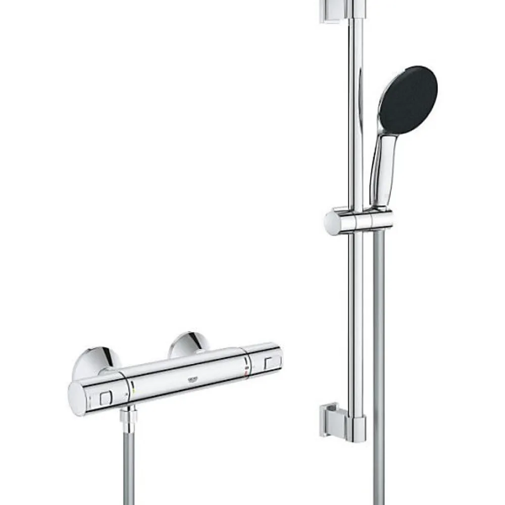 Grohe Ensemble de douche avec mitigeur thermostatique, pommeau 1 jet, barre 60cm et flexible - 34597001 - Economie d'eau - Chrom