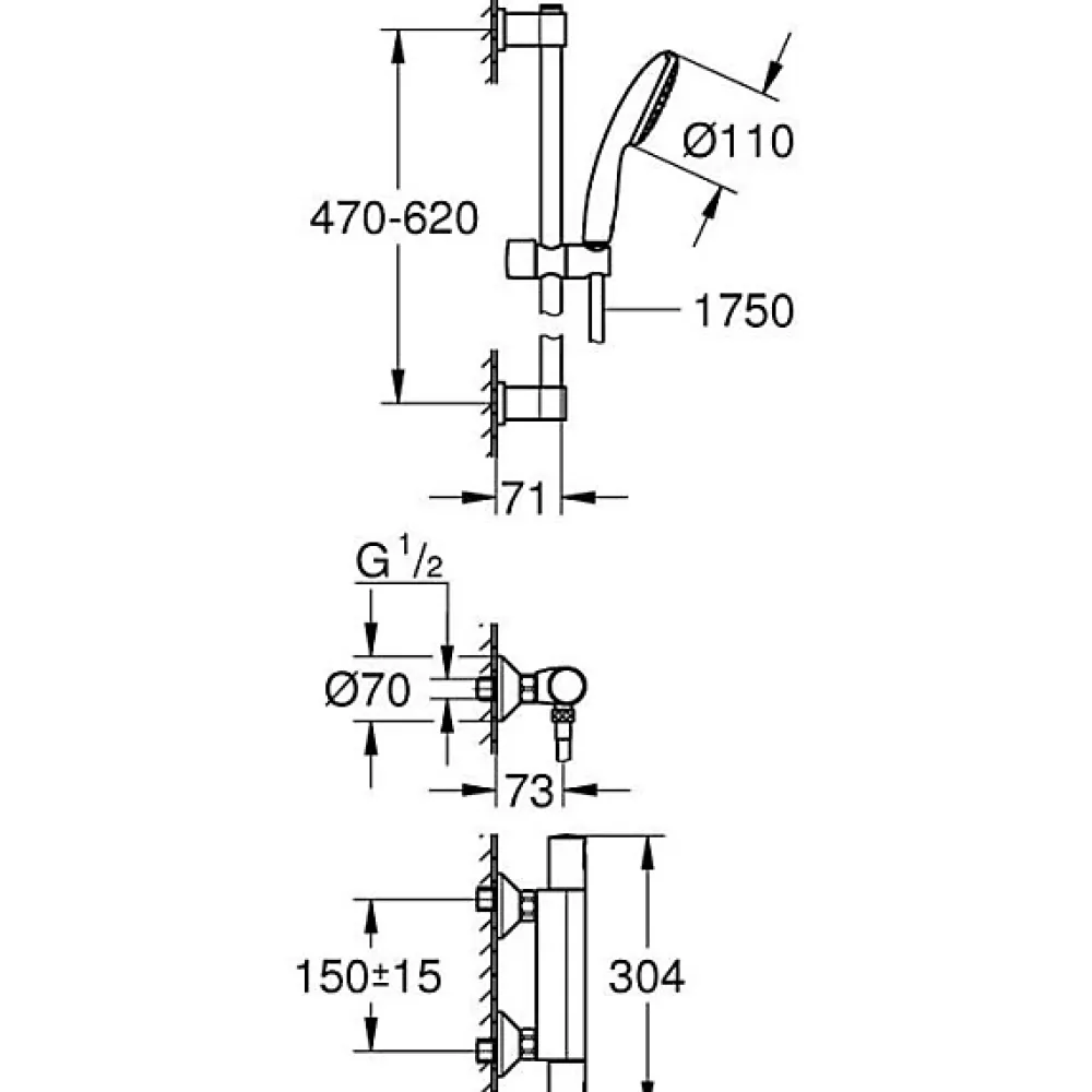 Grohe Ensemble de douche avec mitigeur thermostatique, pommeau 1 jet, barre 60cm et flexible - 34597001 - Economie d'eau - Chrom