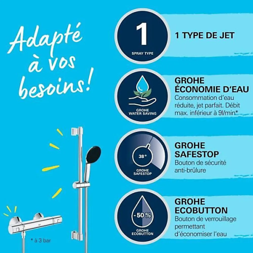 Grohe Ensemble de douche avec mitigeur thermostatique, pommeau 1 jet, barre 60cm et flexible - 34597001 - Economie d'eau - Chrom