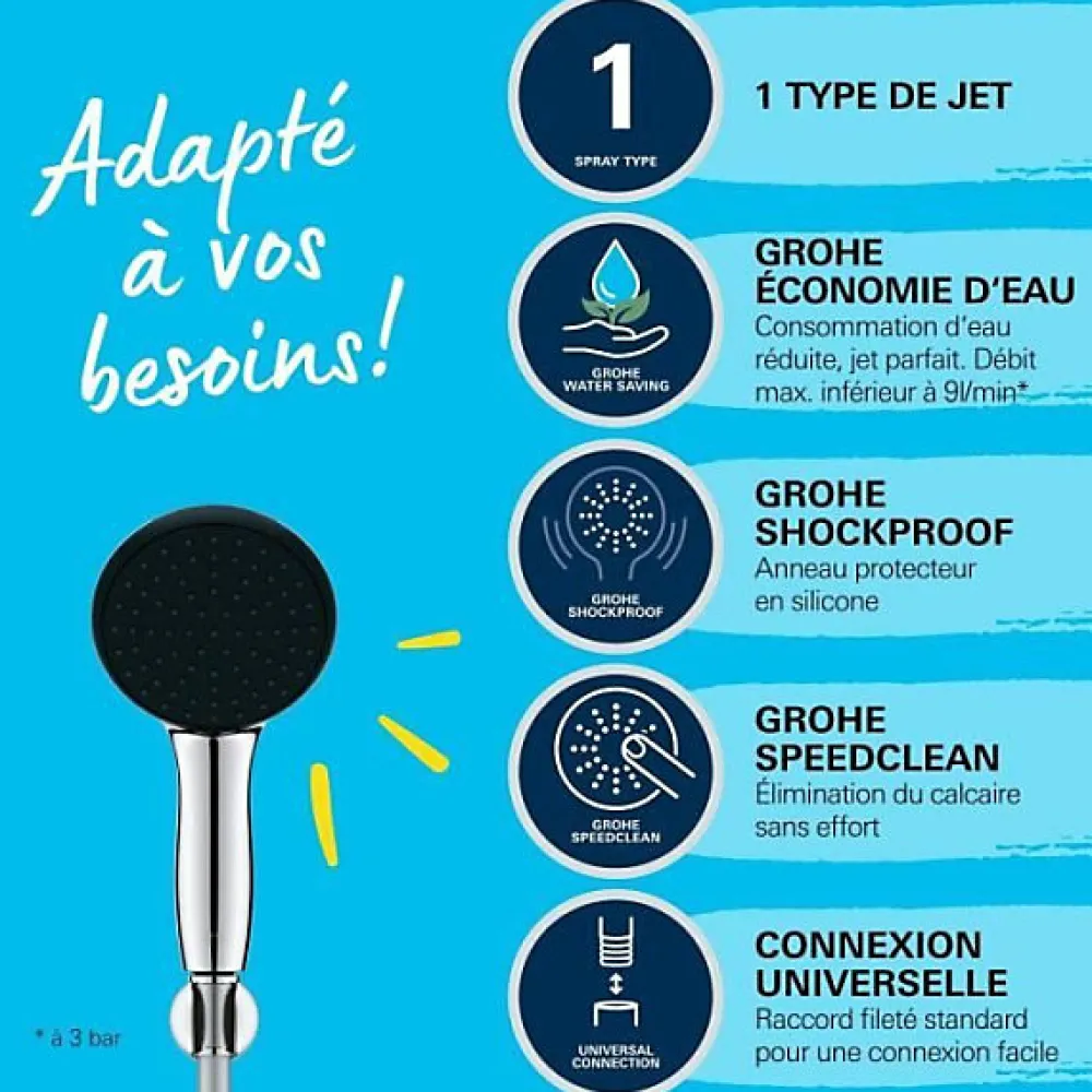 Pommeau De Douche, Flexible Et Barre De Douche|Grohe Ensemble de douche avec pommeau 1 jet Pluie, support et flexible 1,75m - Vitalio Start 110 27944001 - Economie d'eau