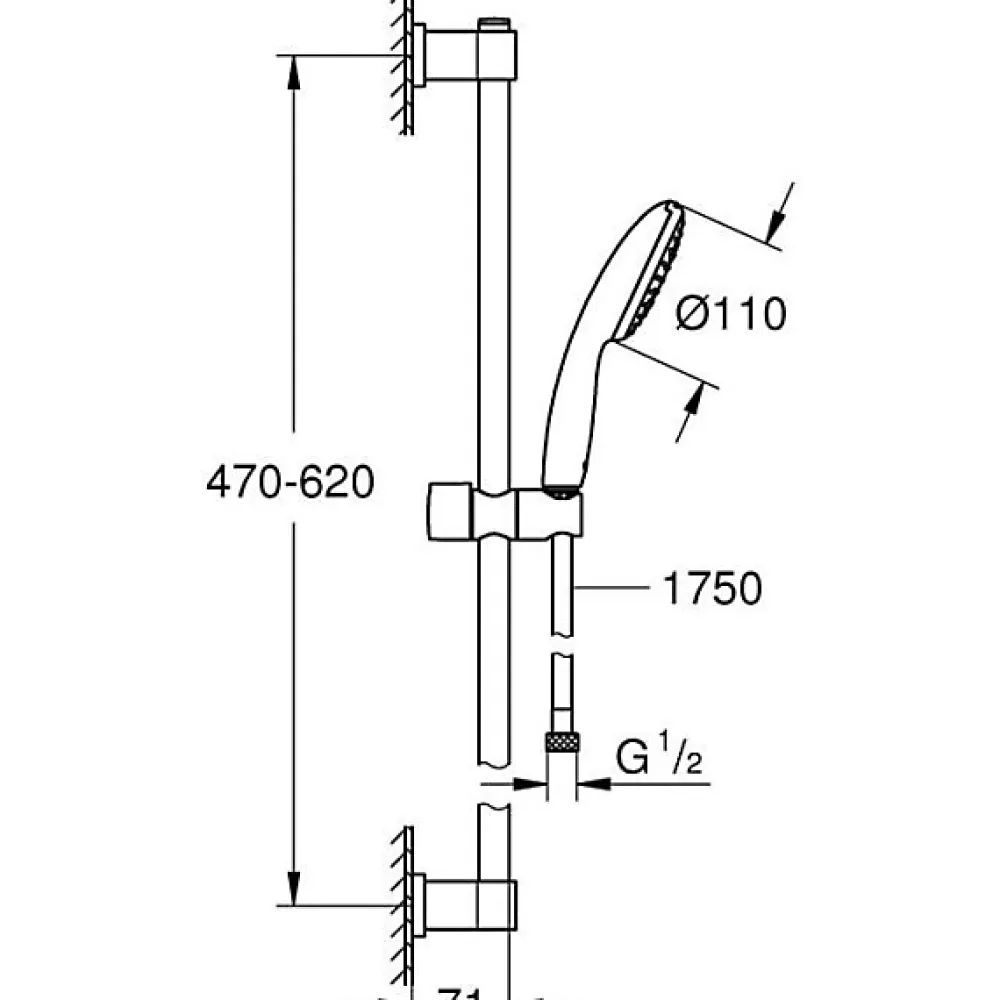 Grohe Ensemble de douche avec pommeau 1 jet, barre 60cm et flexible 1,75m - Vitalio Start 110 27942001 - Economie d'eau - Chrom