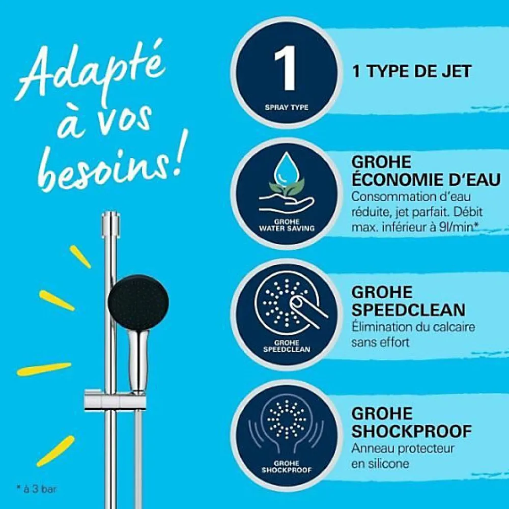 Grohe Ensemble de douche avec pommeau 1 jet, barre 60cm et flexible 1,75m - Vitalio Start 110 27942001 - Economie d'eau - Chrom