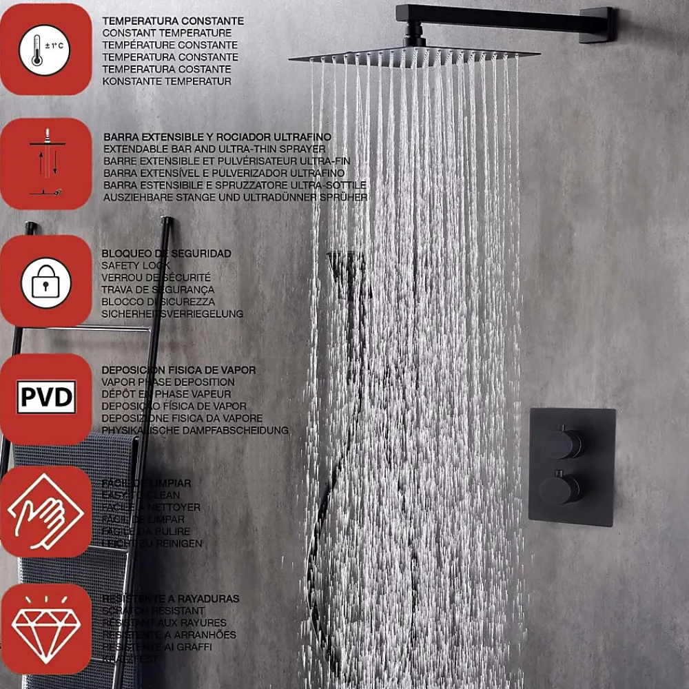 Poalgi Ensemble de douche encastré thermostatique 2 voies SKY BATH noir mat PVD série ETERNITY