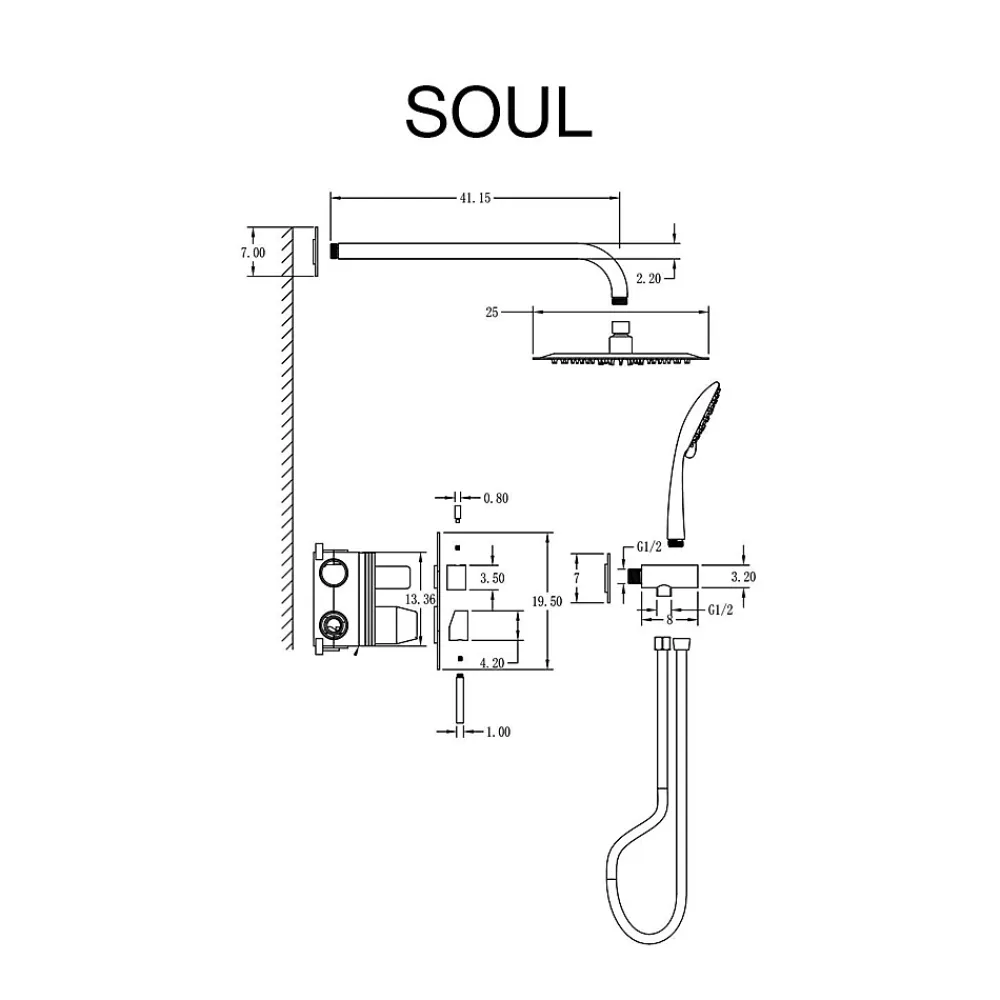 Poalgi Ensemble de douche encastré mécanique 2 voies SKY BATH chromé Inox S304 série SOUL