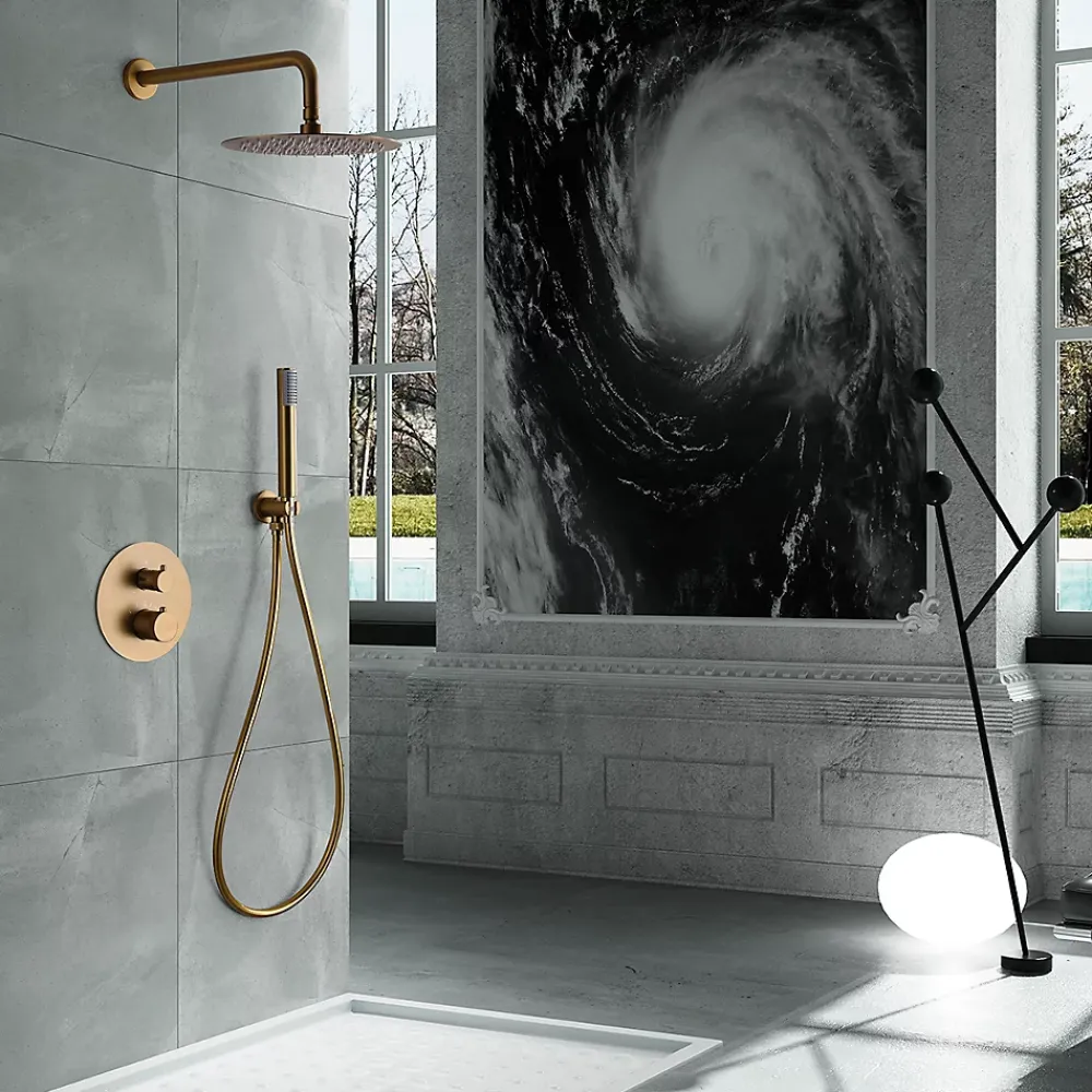 Imex Products Ensemble de douche TOUCHER à encastrer - Mitigeur thermostatique Or brossé Ensemble encastré douchette + tête de douche