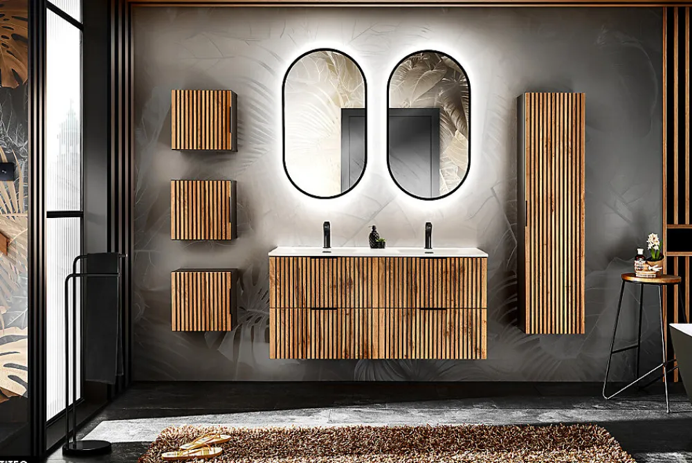 Otitec Ensemble de meubles sous vasque - 120 cm - avec Vasque - Cube et Colonnes - Miroirs LED - WOTANIA