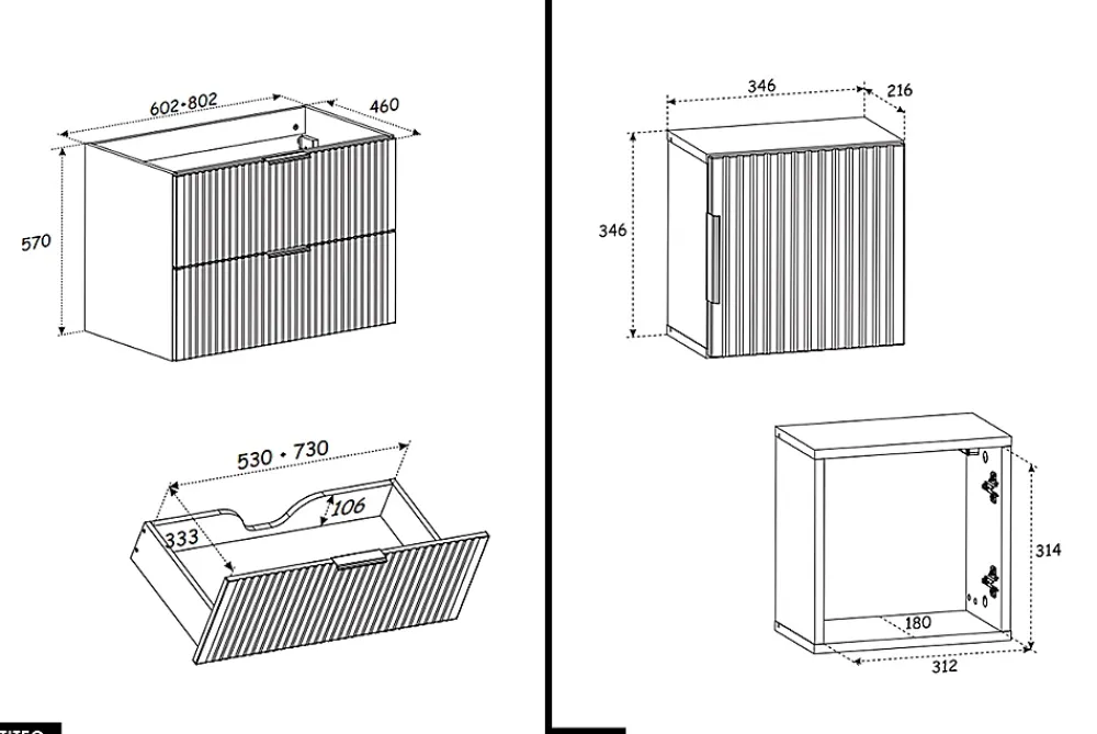 Otitec Ensemble de meubles sous vasque - 120 cm - avec Vasque - Cube et Colonnes - Miroirs LED - WOTANIA