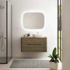 Meuble Buanderie| Ensemble de salle de bains L.104 cm meuble sous vasque version droite + plan de toilette décor noyer, Alba