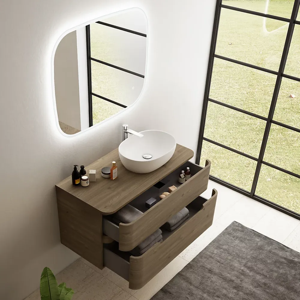 Meuble Buanderie| Ensemble de salle de bains L.104 cm meuble sous vasque version droite + plan de toilette décor noyer, Alba