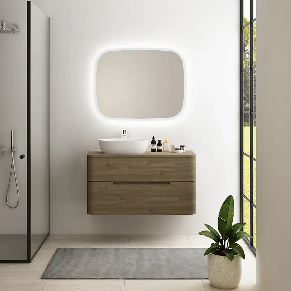 Meuble Buanderie| Ensemble de salle de bains L.104 cm meuble sous vasque version gauche + plan de toilette décor noyer, Alba