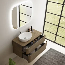 Meuble Buanderie| Ensemble de salle de bains L.104 cm meuble sous vasque version gauche + plan de toilette décor noyer, Alba