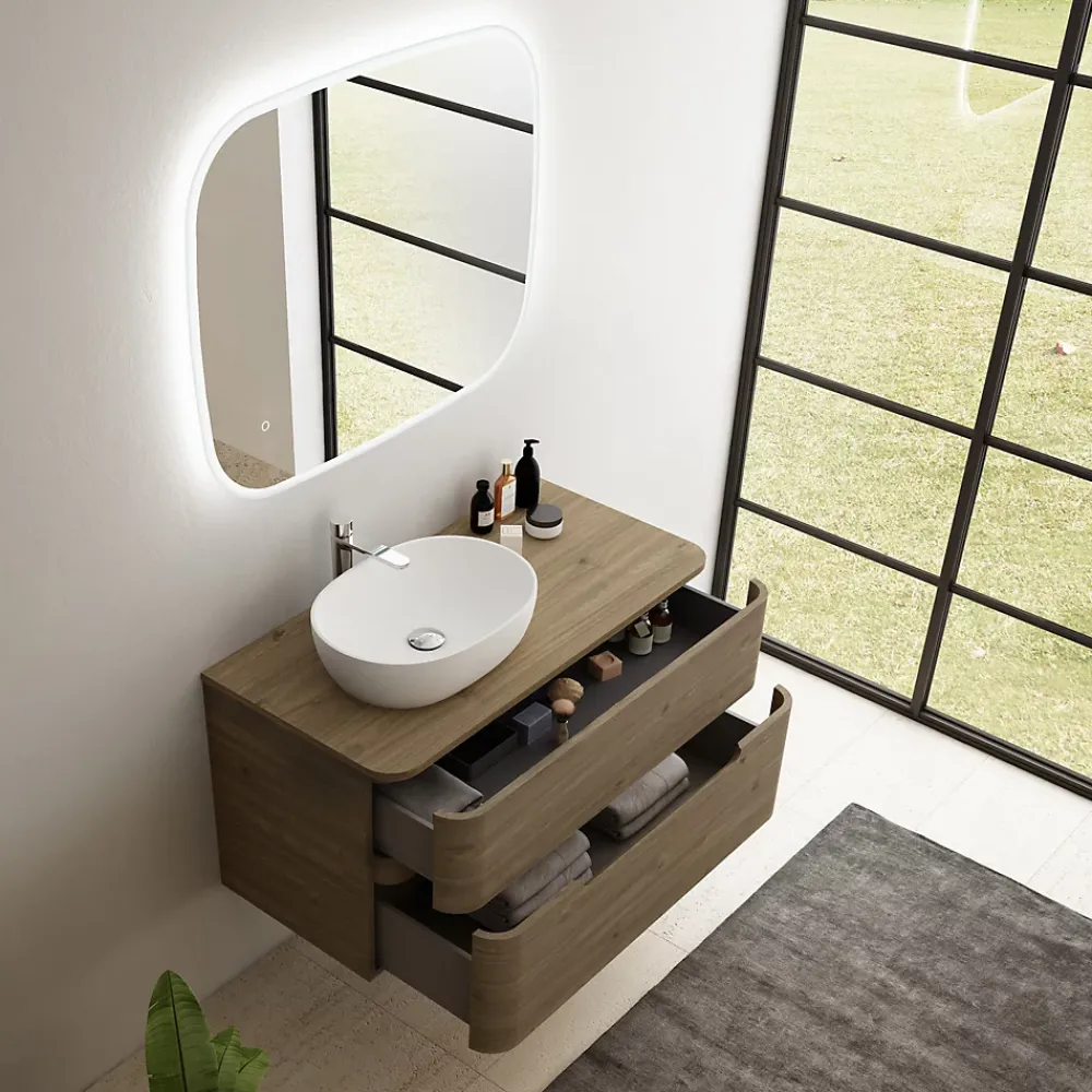 Meuble Buanderie| Ensemble de salle de bains L.104 cm meuble sous vasque version gauche + plan de toilette décor noyer, Alba