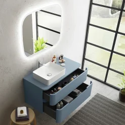 Meuble Buanderie| Ensemble de salle de bains L.104 cm meuble sous vasque version gauche + plan de toilette bleu mat, Alba