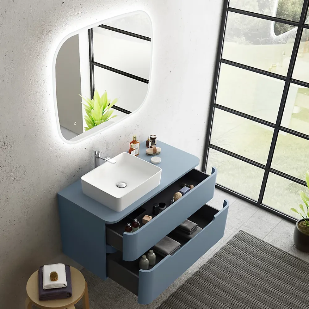 Meuble Buanderie| Ensemble de salle de bains L.104 cm meuble sous vasque version gauche + plan de toilette bleu mat, Alba