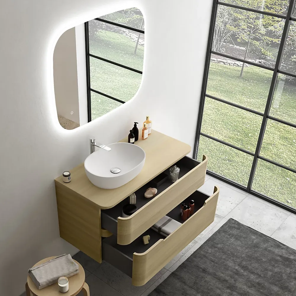Ensemble de salle de bains L.104 cm meuble sous vasque version gauche + plan de toilette décor chêne clair, Alba