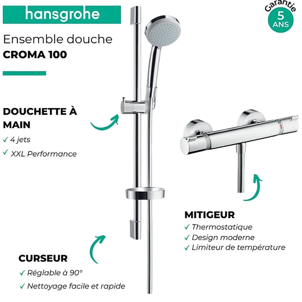 Colonne De Douche Thermostatique|Hansgrohe Ensemble douche Croma 100 + mitigeur thermostatique Ecostat Comfort + Barre de douche 65 cm