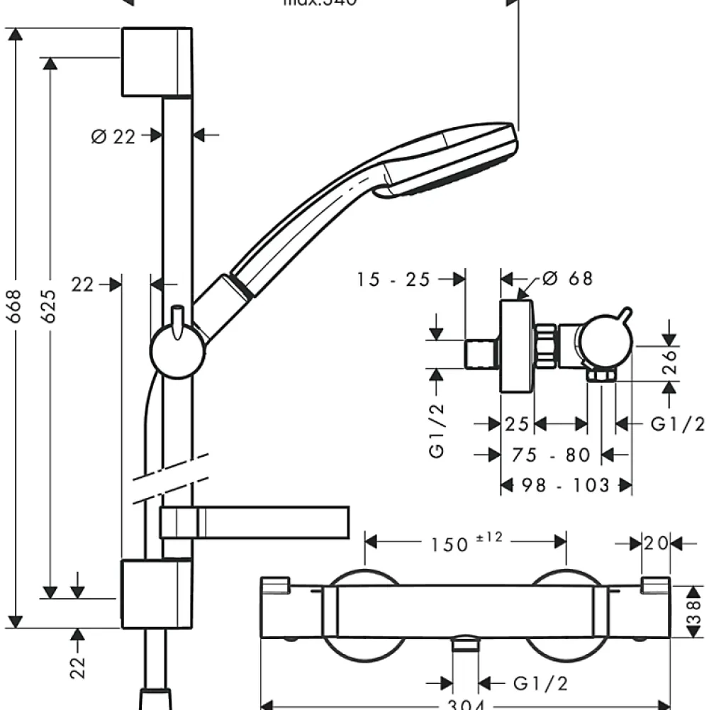 Colonne De Douche Thermostatique|Hansgrohe Ensemble douche Croma 100 + mitigeur thermostatique Ecostat Comfort + Barre de douche 65 cm