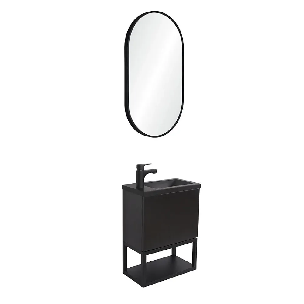 Mob-In Ensemble lave-mains NOVA métal et bois avec robinet noir et miroir ovale