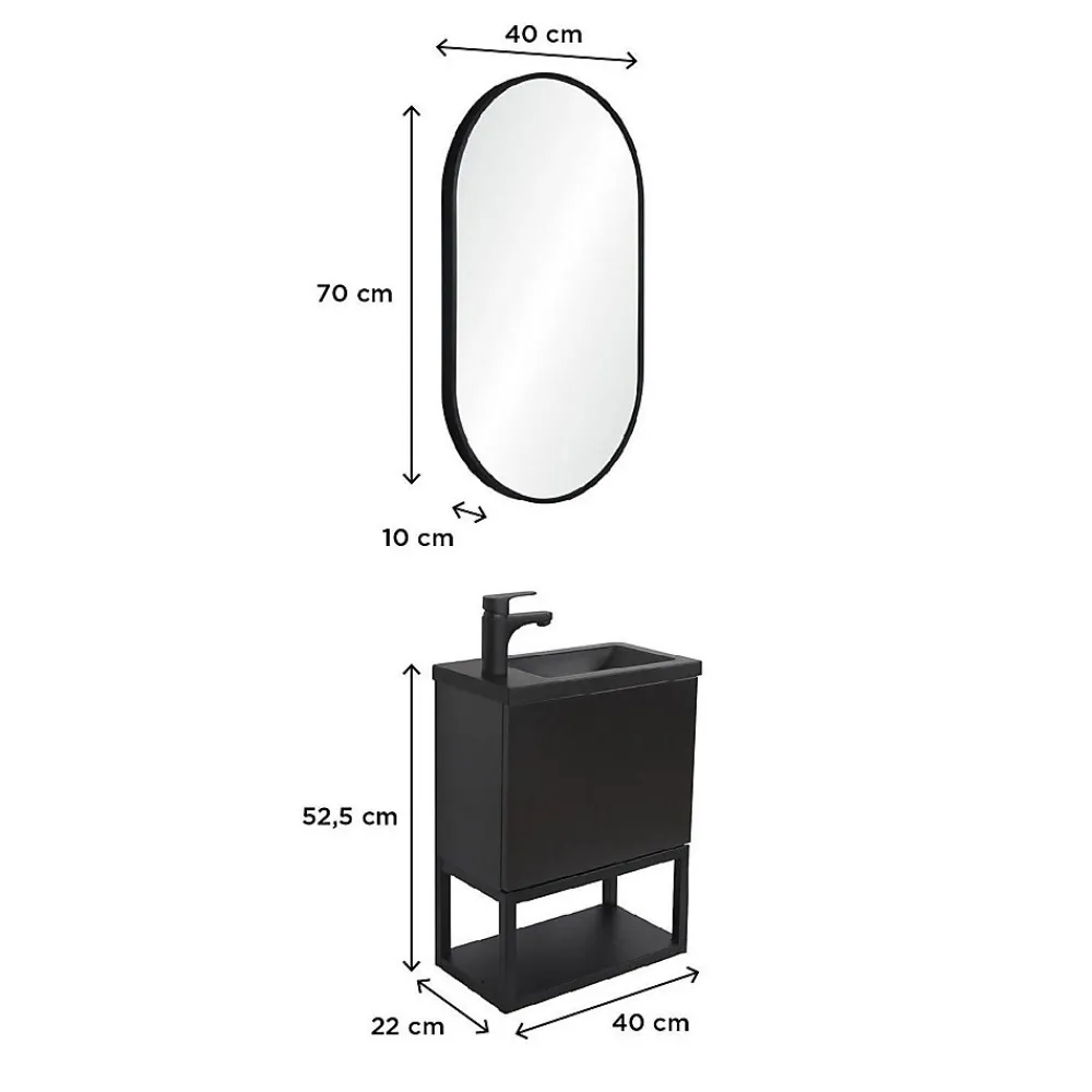 Mob-In Ensemble lave-mains NOVA métal et bois avec robinet noir et miroir ovale