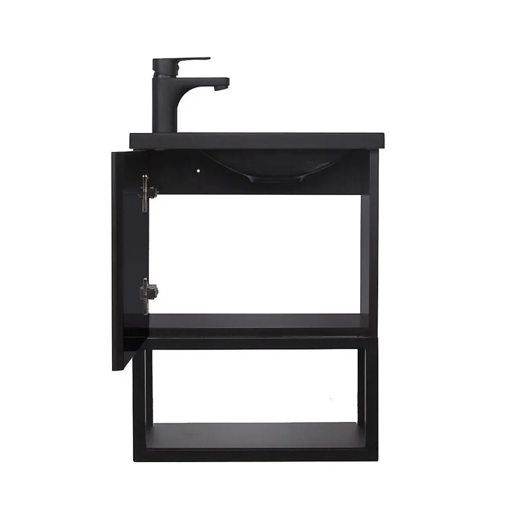 Mob-In Ensemble lave-mains NOVA métal et bois avec robinet noir et miroir ovale