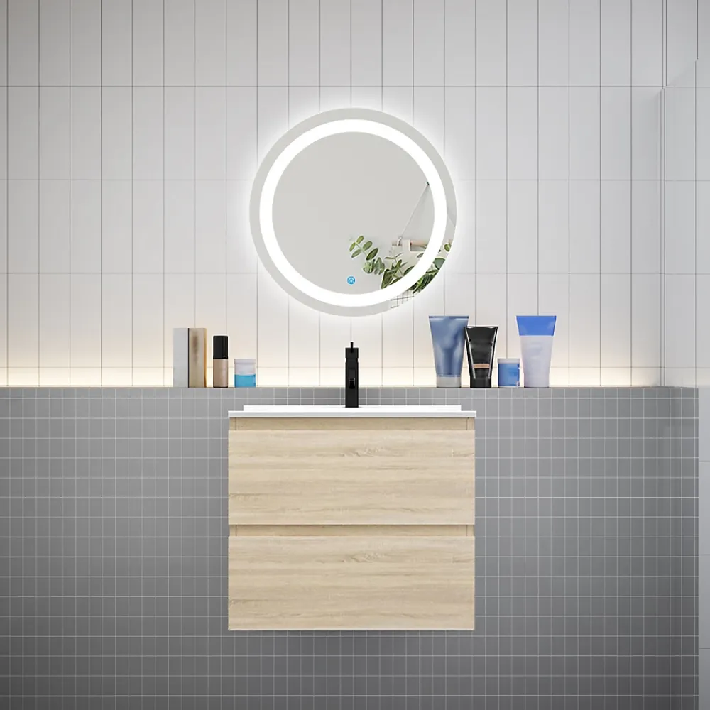 AICA Sanitaire Ensemble L.60cm meuble vasque 2 tiroirs + lavabo + LED miroir rond 60cm,chêne