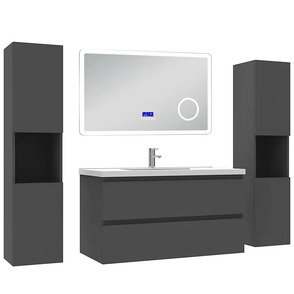 Ensemble Meuble De Salle De Bains|AICA Sanitaire Ensemble meuble 100 cm anthracite avec 2 tiroirs, lavabo céramique + Miroir Bluetooth tricolore + 2 colonnes hautes, suspendu
