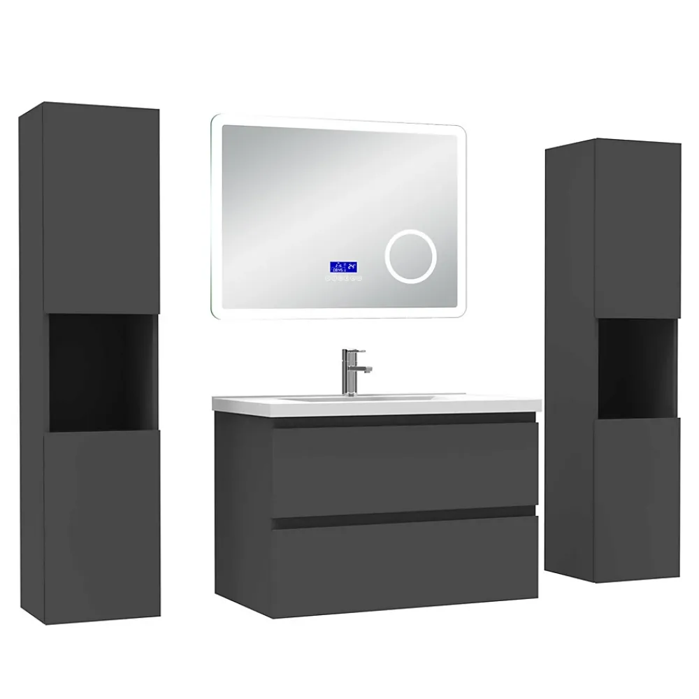 Ensemble Meuble De Salle De Bains|AICA Sanitaire Ensemble meuble 80 cm anthracite avec 2 tiroirs, lavabo céramique + Miroir Bluetooth tricolore + 2 colonnes hautes, suspendu