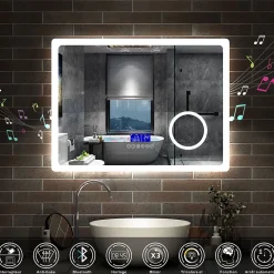 AICA Sanitaire Ensemble meuble 80 cm blanc avec 2 tiroirs à fermeture automatique, lavabo céramique + miroir Bluetooth tricolore, suspendu