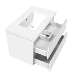 AICA Sanitaire Ensemble meuble 80 cm blanc avec 2 tiroirs à fermeture automatique, lavabo céramique + miroir Bluetooth tricolore, suspendu