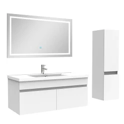 AICA Sanitaire Ensemble meuble + vasque + miroir lumineux + colonne 100cm meuble salle de bain Blanc