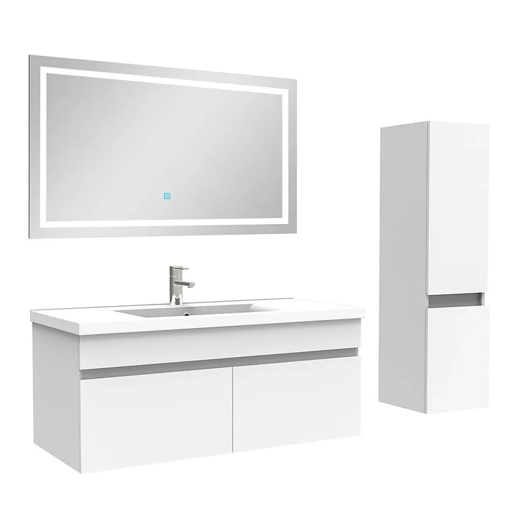 AICA Sanitaire Ensemble meuble + vasque + miroir lumineux + colonne 100cm meuble salle de bain Blanc