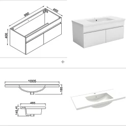 AICA Sanitaire Ensemble meuble + vasque + miroir lumineux + colonne 100cm meuble salle de bain Blanc