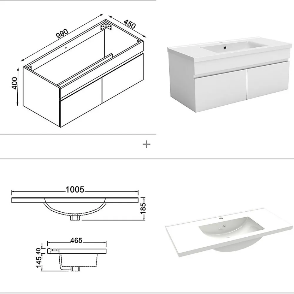 AICA Sanitaire Ensemble meuble + vasque + miroir lumineux + colonne 100cm meuble salle de bain Blanc