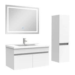 Ensemble Meuble De Salle De Bains|AICA Sanitaire Ensemble meuble + vasque + miroir lumineux + colonne 80cm meuble salle de bain Blanc