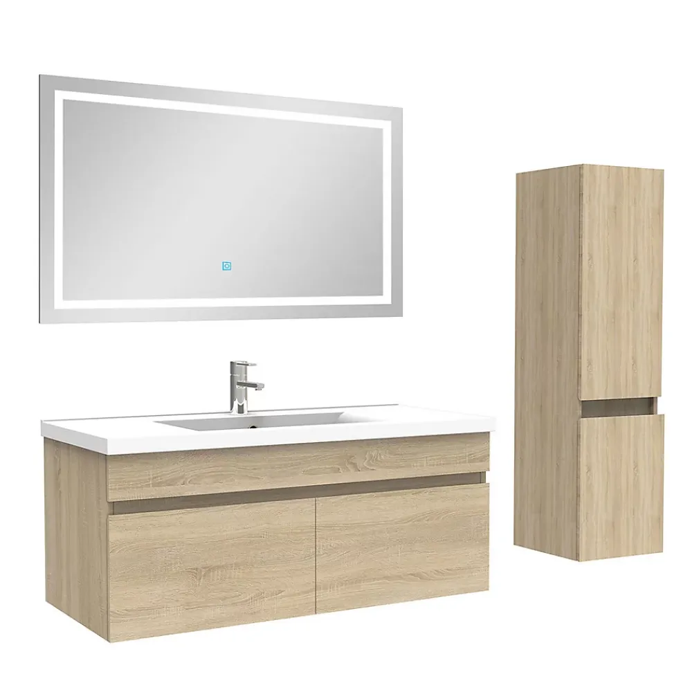 Ensemble Meuble De Salle De Bains|AICA Sanitaire Ensemble meuble + vasque + miroir lumineux + colonne 100cm meuble salle de bain Chêne Wotan