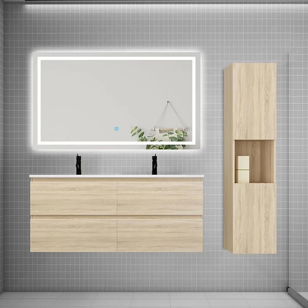 Ensemble Meuble De Salle De Bains|AICA Sanitaire Ensemble meuble 2 vasque L.120cm 4 tiroirs + lavabo + LED miroir + colonne,chêne design