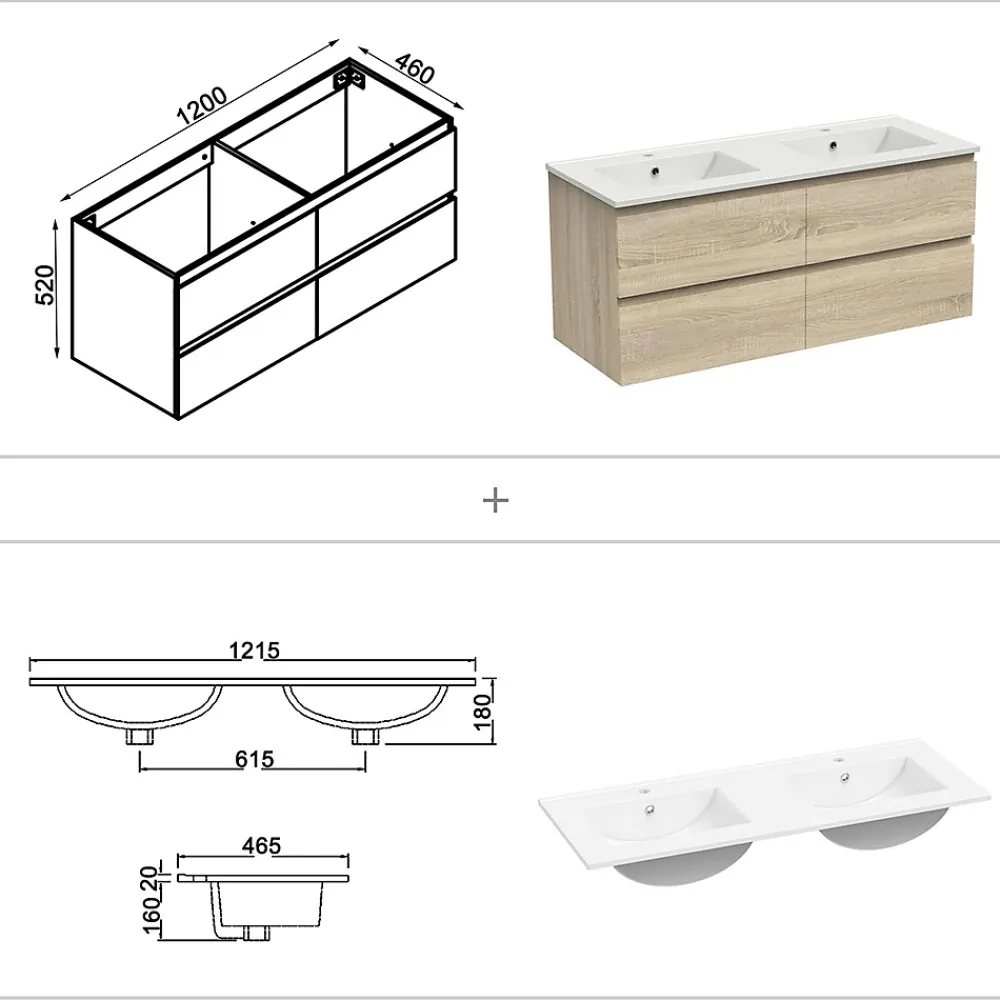 Ensemble Meuble De Salle De Bains|AICA Sanitaire Ensemble meuble 2 vasque L.120cm 4 tiroirs + lavabo + LED miroir + colonne,chêne design