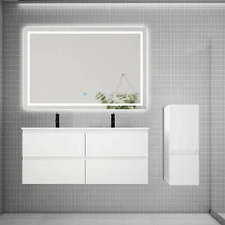 Ensemble Meuble De Salle De Bains|AICA Sanitaire Ensemble meuble 2 vasque L.120cm 4 tiroirs + lavabo + LED miroir + colonne,blanc,A