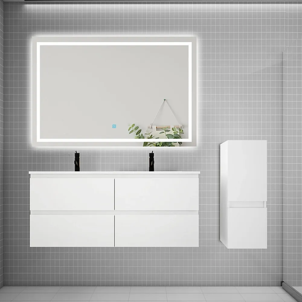Ensemble Meuble De Salle De Bains|AICA Sanitaire Ensemble meuble 2 vasque L.120cm 4 tiroirs + lavabo + LED miroir + colonne,blanc,A