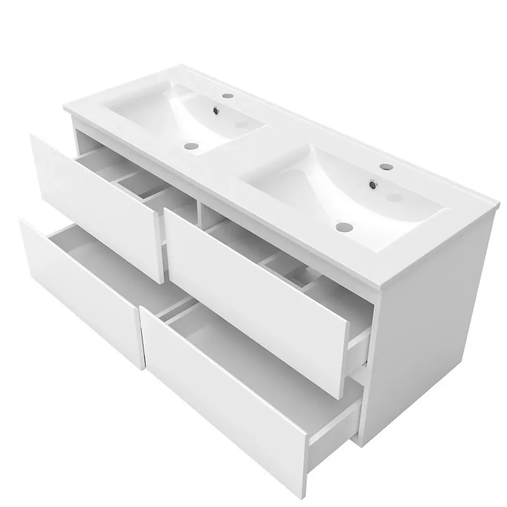 Ensemble Meuble De Salle De Bains|AICA Sanitaire Ensemble meuble 2 vasque L.120cm 4 tiroirs + lavabo + LED miroir + colonne,blanc,A