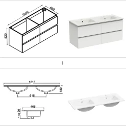 Ensemble Meuble De Salle De Bains|AICA Sanitaire Ensemble meuble 2 vasque L.120cm 4 tiroirs + lavabo + LED miroir + colonne,blanc,A