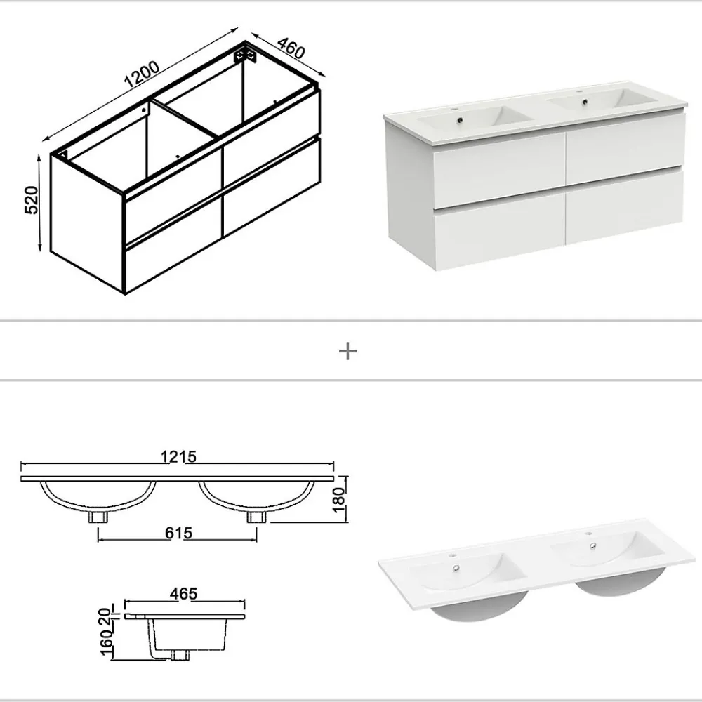 Ensemble Meuble De Salle De Bains|AICA Sanitaire Ensemble meuble 2 vasque L.120cm 4 tiroirs + lavabo + LED miroir + colonne,blanc,A