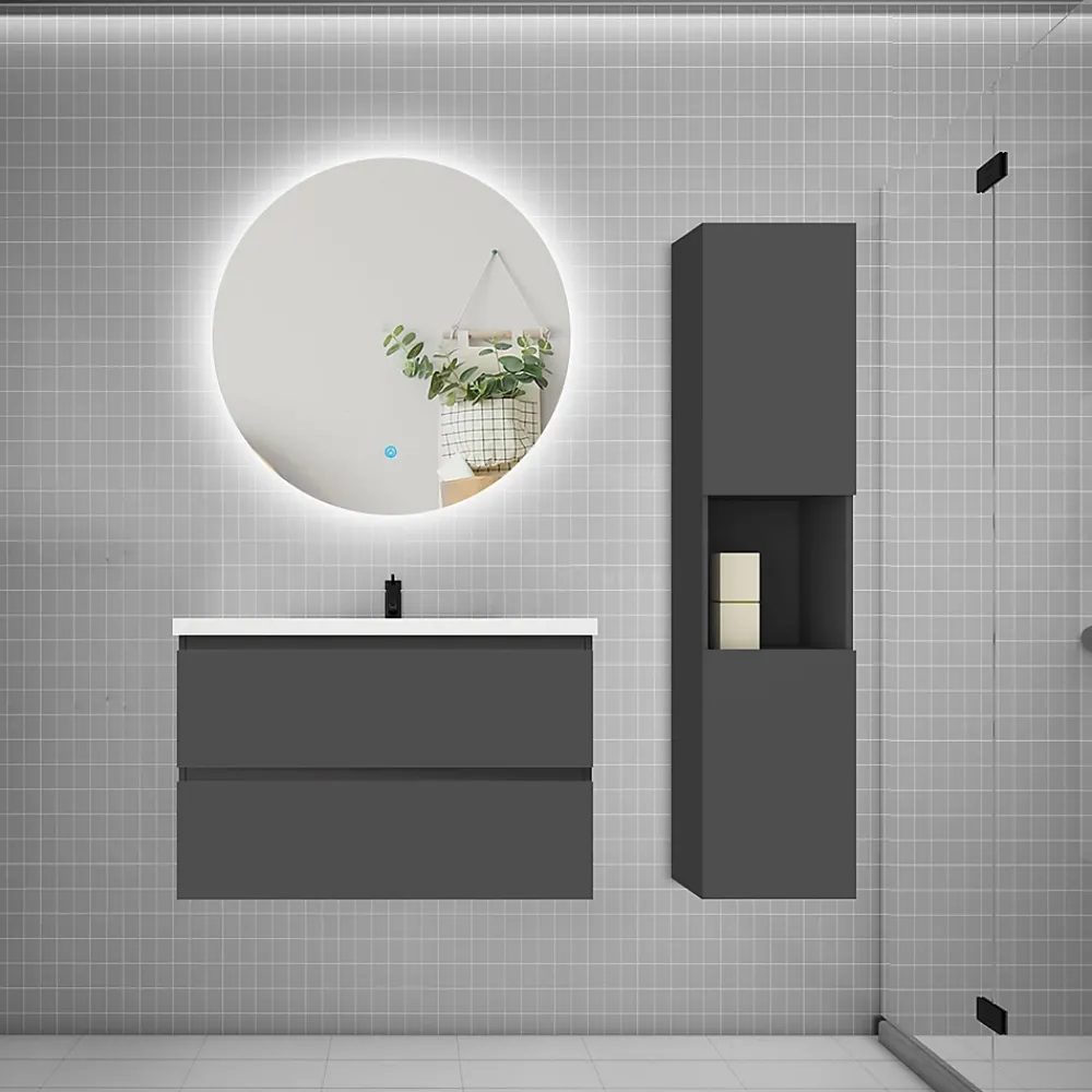 Ensemble Meuble De Salle De Bains|AICA Sanitaire Ensemble meuble anthracite et vasque L.80cm 2 tiroirs + colonne haut + lavabo + miroir 60x60cm-suspendu