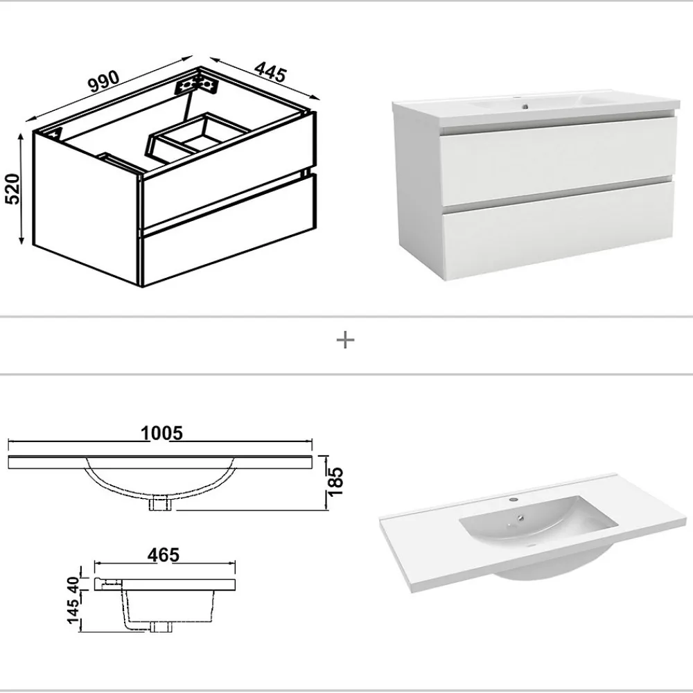 Ensemble Meuble De Salle De Bains|AICA Sanitaire Ensemble meuble blanc et vasque L.100cm 2 tiroirs + colonne haut + lavabo + miroir 60x60cm-suspendu
