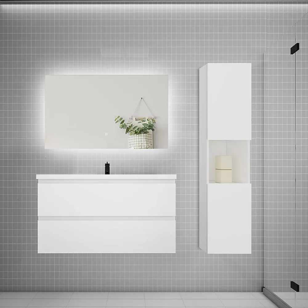 AICA Sanitaire Ensemble meuble blanc et vasque L.100cm 2 tiroirs + colonne haut + lavabo + miroir 80x60cm-suspendu