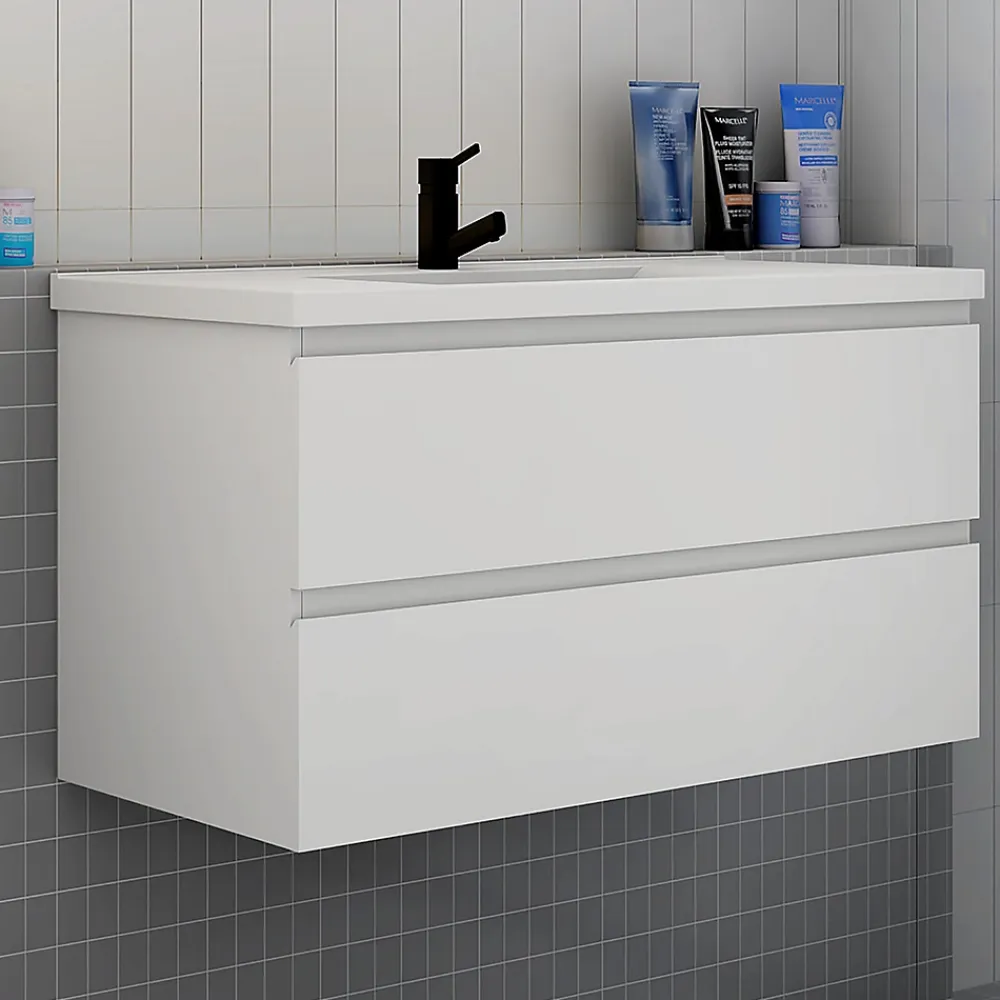 AICA Sanitaire Ensemble meuble blanc et vasque L.100cm 2 tiroirs + colonne haut + lavabo + miroir 80x60cm-suspendu