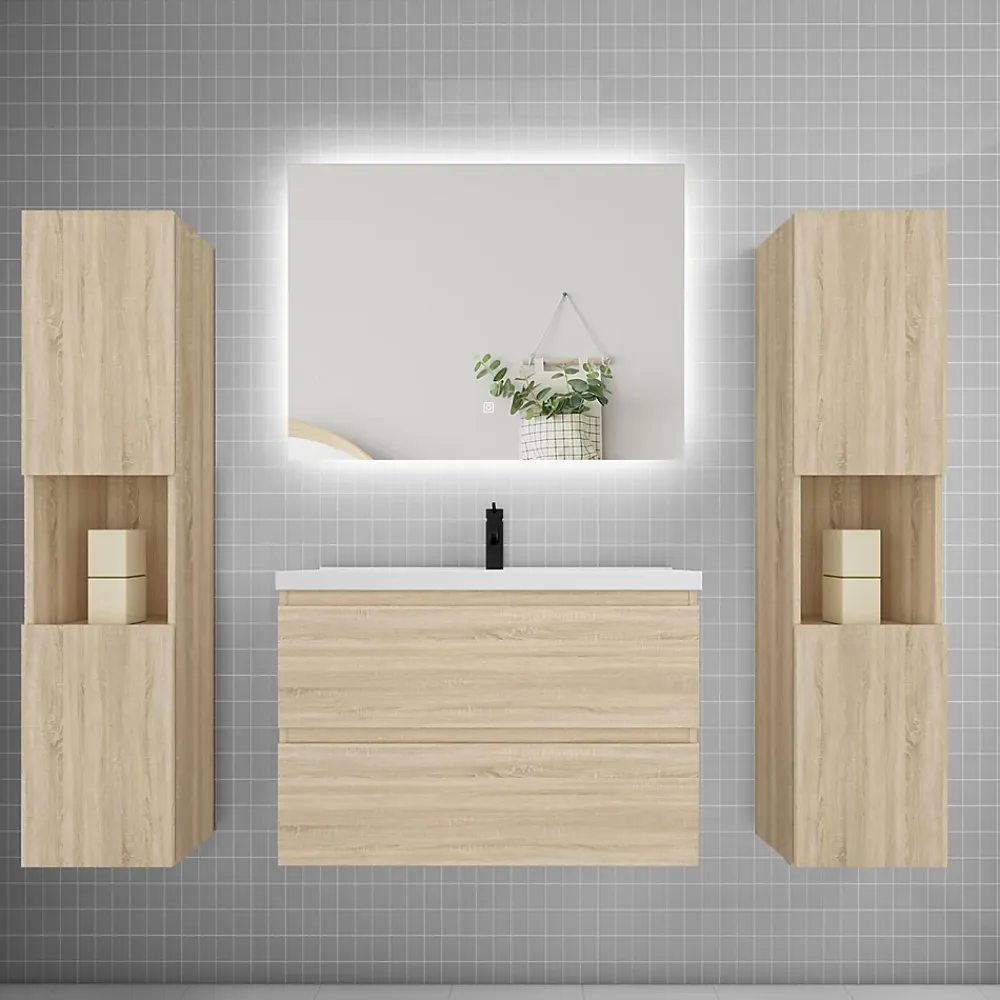 Ensemble Meuble De Salle De Bains|AICA Sanitaire Ensemble meuble chêne et vasque L.80cm 2 tiroirs + colonne x2 haut + lavabo + miroir 80x60cm-suspendu