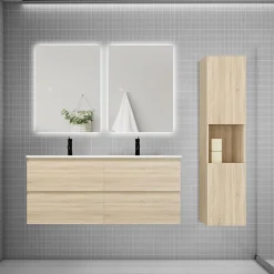 AICA Sanitaire Ensemble meuble chêne et vasque L.120cm 4 tiroirs + colonne haut + lavabo + miroir 80x60cm x2-suspendu