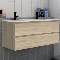 AICA Sanitaire Ensemble meuble chêne et vasque L.120cm 4 tiroirs + colonne haut + lavabo + miroir 80x60cm x2-suspendu